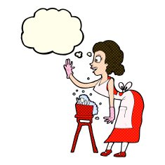 cartoon housewife washing up with thought bubble N5