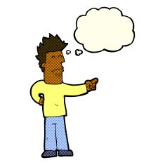 cartoon man pointing with thought bubble N85