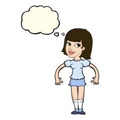 cartoon woman shrugging shoulders with thought bubble N215