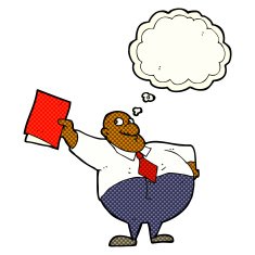 cartoon happy boss with file thought bubble N5