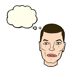 cartoon serious male face with thought bubble N5