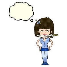 cartoon woman with knife between teeth thought bubble N18
