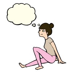 cartoon woman sitting with thought bubble N8