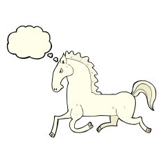 cartoon running white stallion with thought bubble N3
