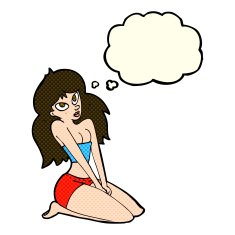 cartoon woman in skimpy clothing with thought bubble N5