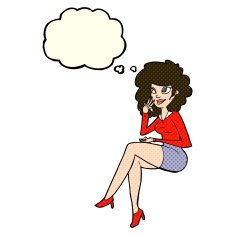 cartoon office woman sitting with thought bubble N5