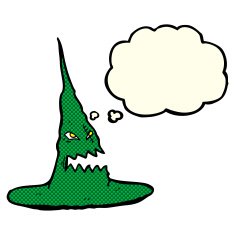 cartoon spooky witches hat with thought bubble N5