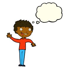 cartoon happy boy waving with thought bubble N10