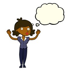 cartoon woman surrendering with thought bubble N5
