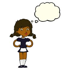 cartoon happy waitress woman with thought bubble N5