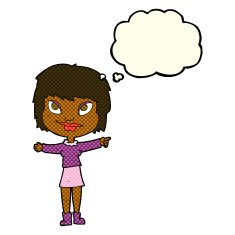 cartoon woman pointing with thought bubble N97