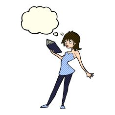 cartoon woman reading book with thought bubble N5