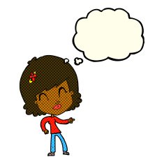 cartoon happy woman pointing with thought bubble N30