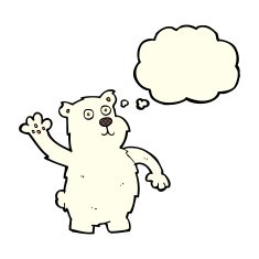 cartoon waving polar bear with thought bubble N29