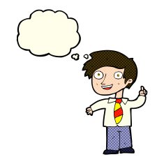 cartoon school boy with idea thought bubble N14