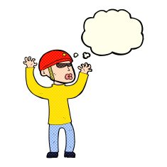cartoon security man panicking with thought bubble N5