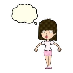 cartoon woman shrugging shoulders with thought bubble N220