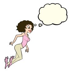 cartoon flying woman with thought bubble N5