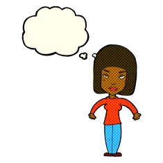 cartoon woman shrugging shoulders with thought bubble N223