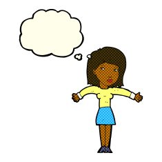 cartoon woman shrugging shoulders with thought bubble N224