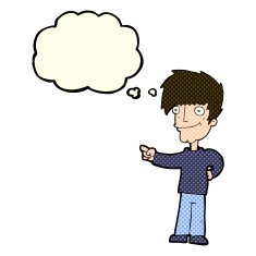 cartoon man pointing with thought bubble N87