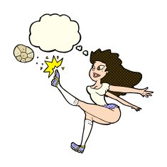 cartoon female soccer player kicking ball with thought bubble N5