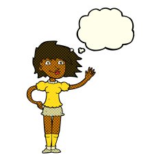 cartoon woman waving with thought bubble N160