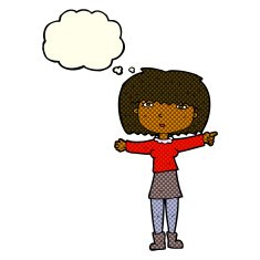cartoon girl pointing with thought bubble N13