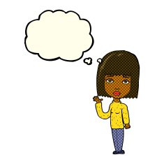 cartoon woman waving with thought bubble N162