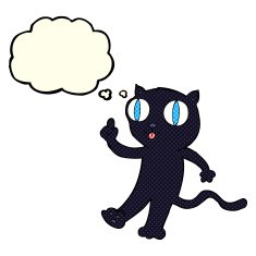 cartoon black cat with idea thought bubble N3