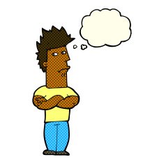 cartoon man sulking with thought bubble N5