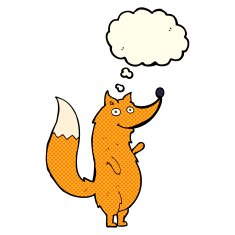 cartoon waving fox with thought bubble N6