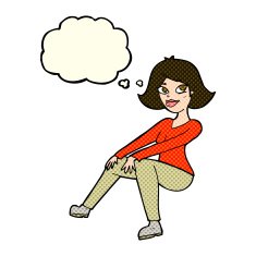 cartoon happy woman sitting with thought bubble N9