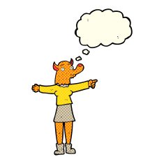 cartoon pointing fox woman with thought bubble N3