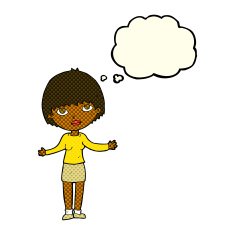 cartoon woman shrugging with thought bubble N30