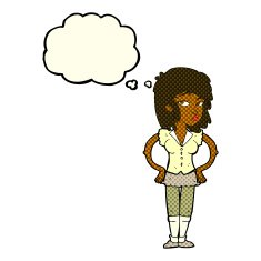 cartoon pretty woman with hands on hips thought bubble N10