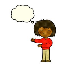 cartoon woman gesturing welcome with thought bubble N5