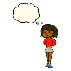 cartoon pleased woman with thought bubble N5
