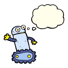 cartoon robot with thought bubble N75