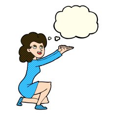 cartoon woman presentation gesture with thought bubble N5