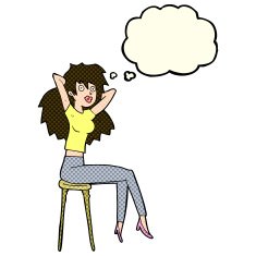 cartoon woman posing on stool with thought bubble N5