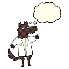 cartoon wolf businessman with thought bubble N3