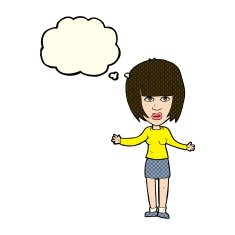 cartoon woman shrugging shoulders with thought bubble N227