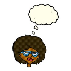 cartoon woman wearing spectacles with thought bubble N20