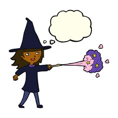 cartoon witch girl casting spell with thought bubble N9