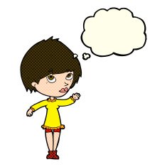 cartoon woman waving with thought bubble N166