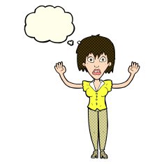 cartoon woman stressing out with thought bubble N10