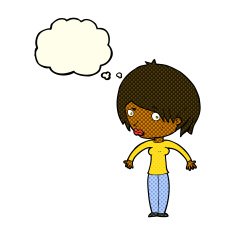 cartoon woman shrugging with thought bubble N31