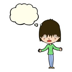 cartoon woman shrugging shoulders with thought bubble N230