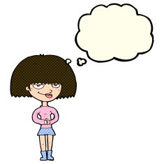 cartoon sly woman with thought bubble N5